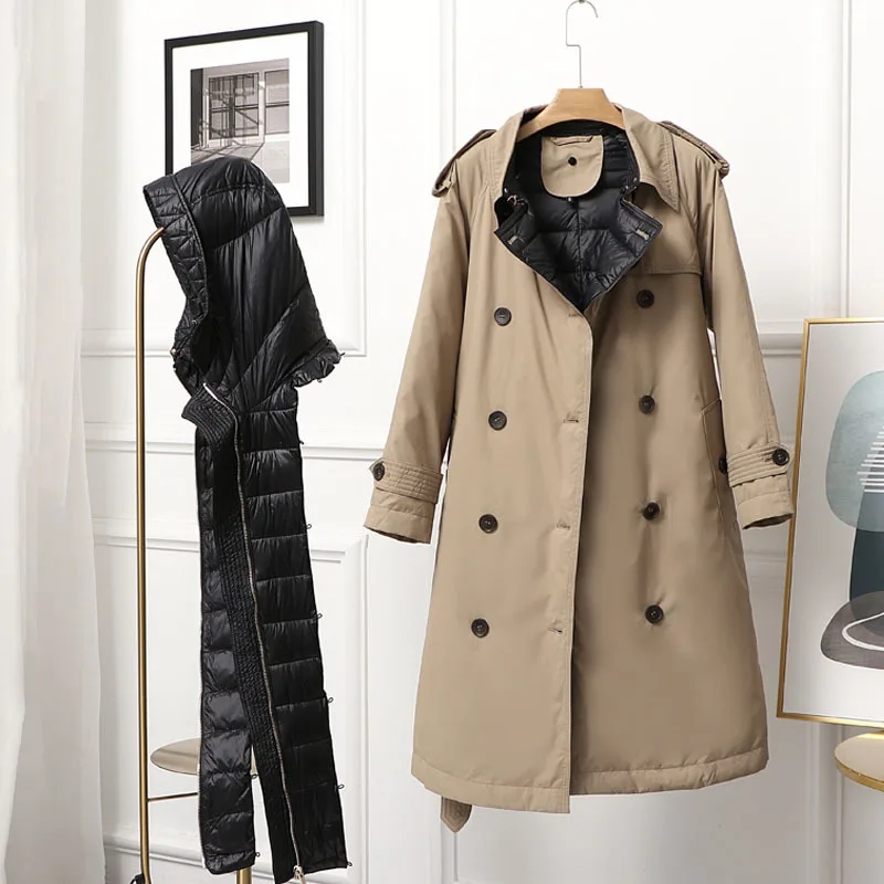 Hochwertige Trench jacke Winter Damen Kapuze weiße Enten Daunen jacke dicke warme lange Daunen Parka Wind break Mantel mit Gürtel