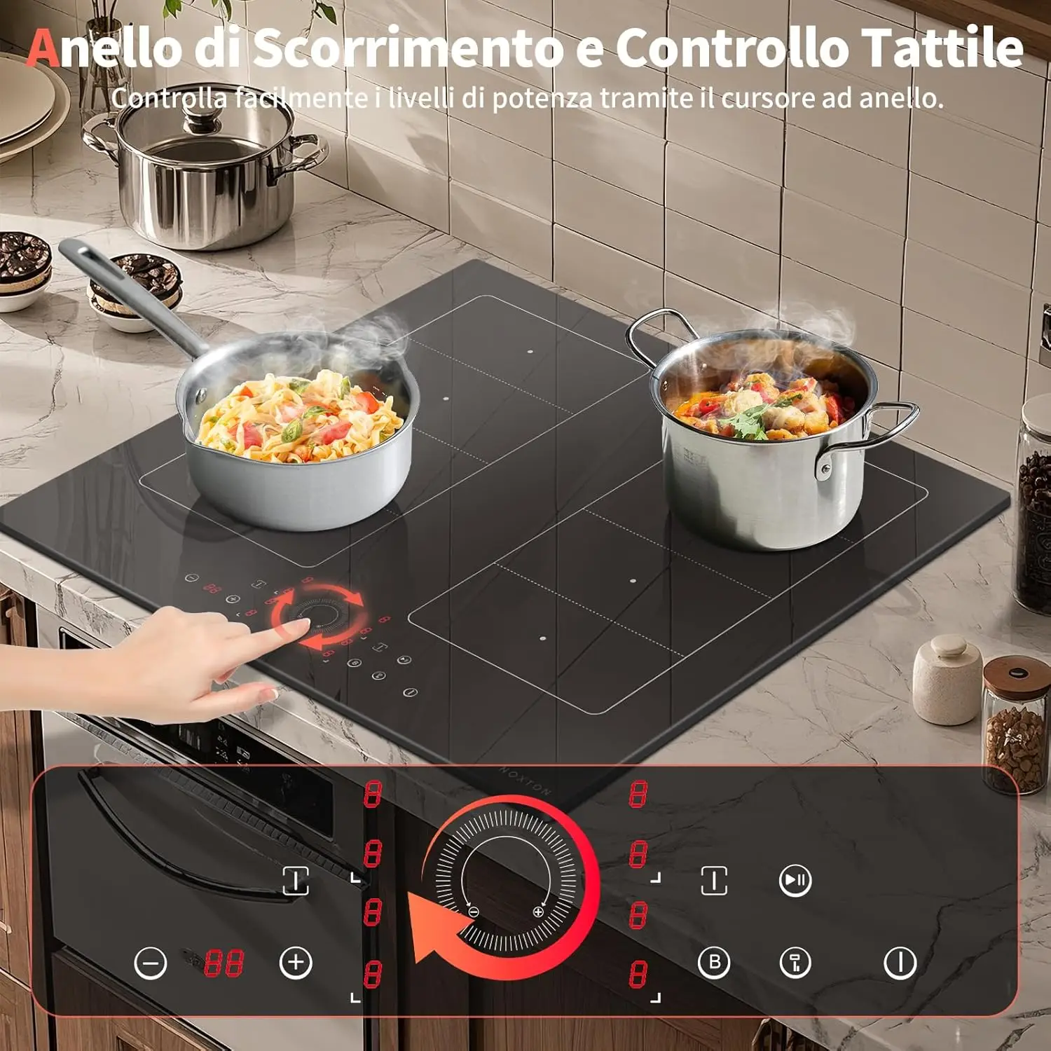 موقد حثي NOXTON 4 مناطق مع منطقتين مشتركين، 60 سم مدمج مع معزز، مؤقت، قفل أمان، توقف، 230 فولت، 7200 وات، بدون قابس #6