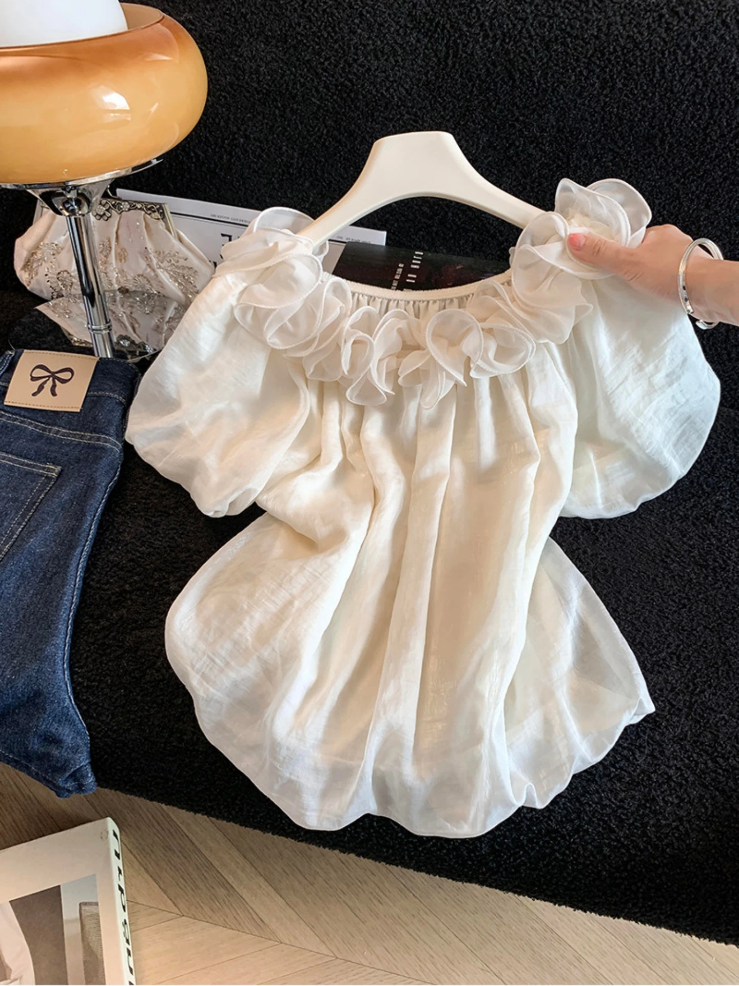 

Beautiful Flower Bud Lace Trim Shoulder Bridesmaid Shirt Women's Summer New Style Loose Polyester Georgette Short Sleeve Top
