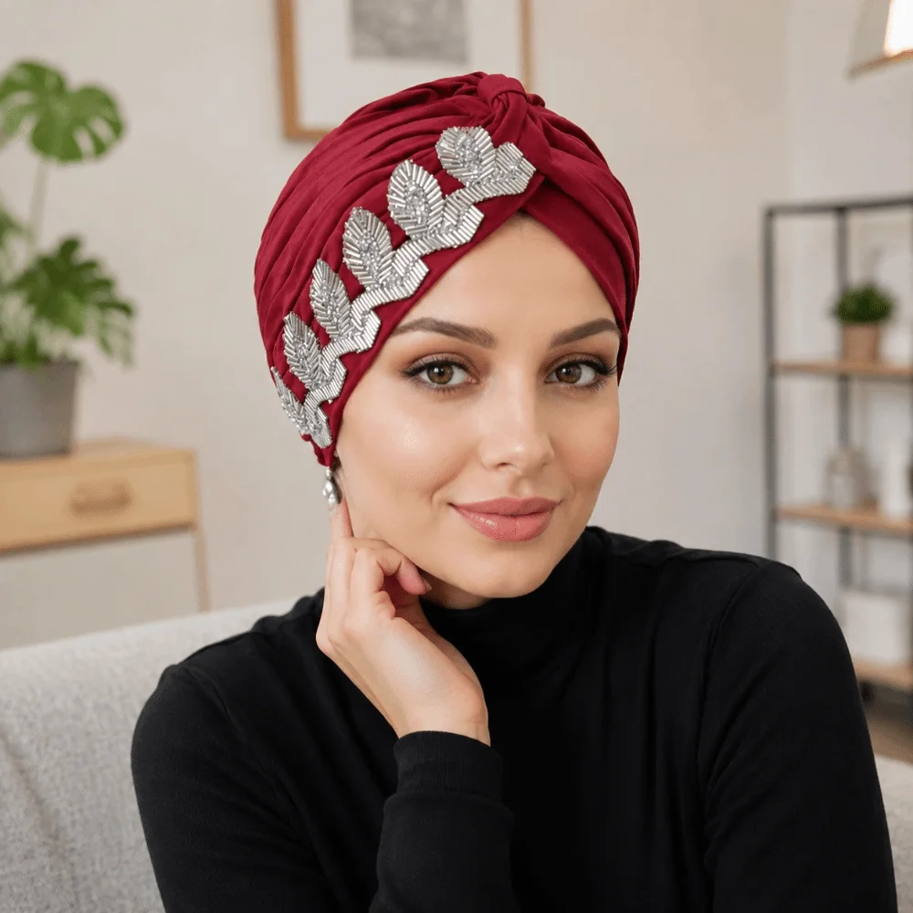 New Solid Color Side Leaf Rhinestones Headscarf Versatile Elegant Cross Knot Headwrap Soft Breathable Headwrap Hat Daily Use