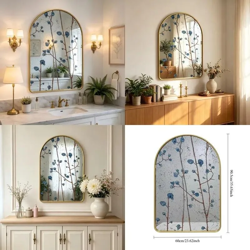 Elegant Golden Metal Arched Decorative Mirror with Carved Blue Flower Branch for Bedroom Living Room Wall Interior Decoration