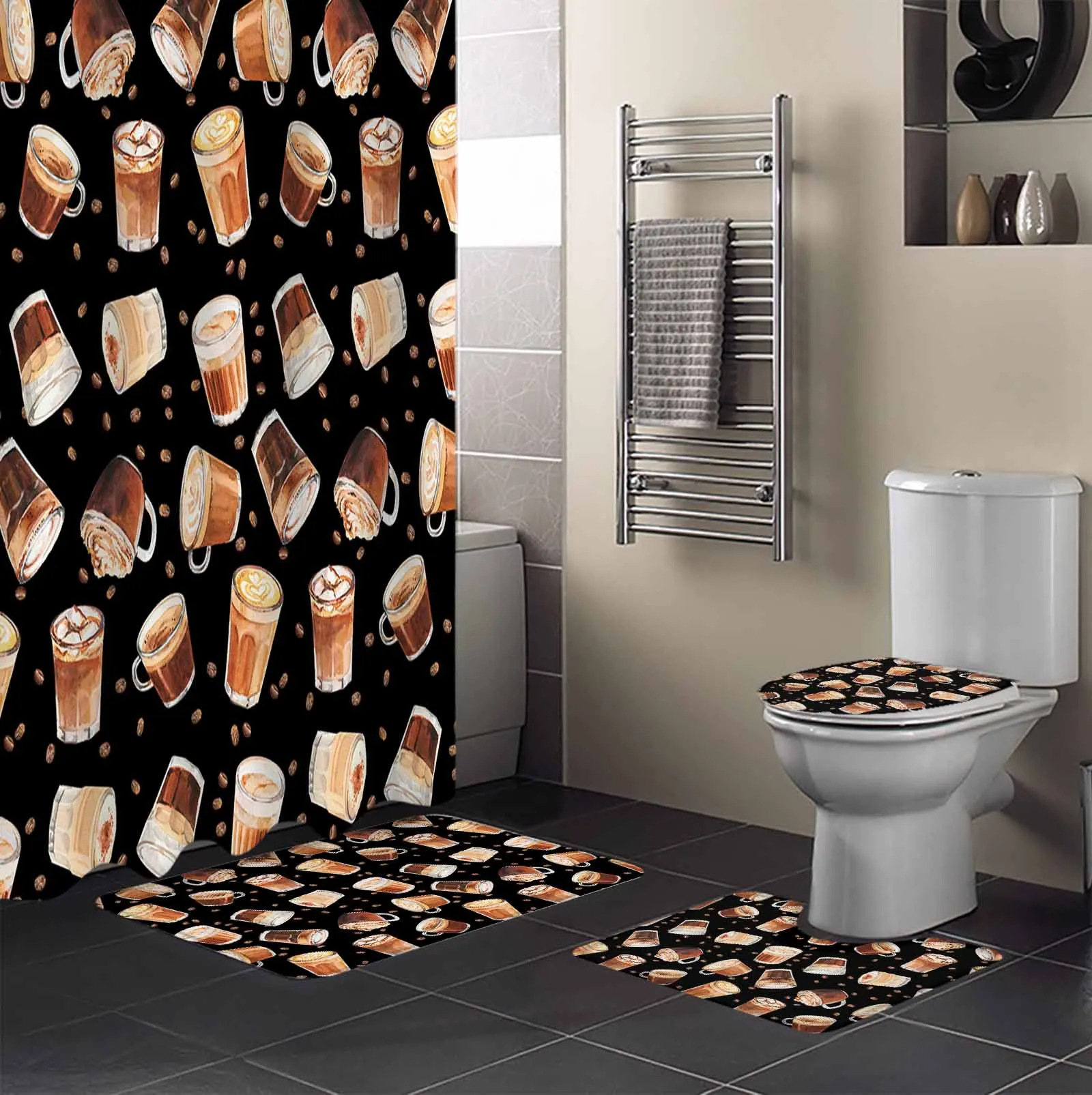 Coffee Coffee Beans Texture Shower Curtain Non-Slip Rugs Toilet Lid Cover and Bath Mat Bathroom Curtains with Hooks