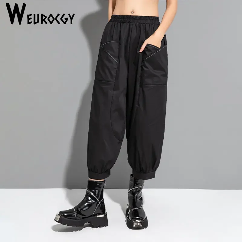 

Spring y2k Women's Bloomers Nine Cent Pants Knickers Casual Loose Wide Leg Pockets High Elastic Waist Womens Clothing Streetwear