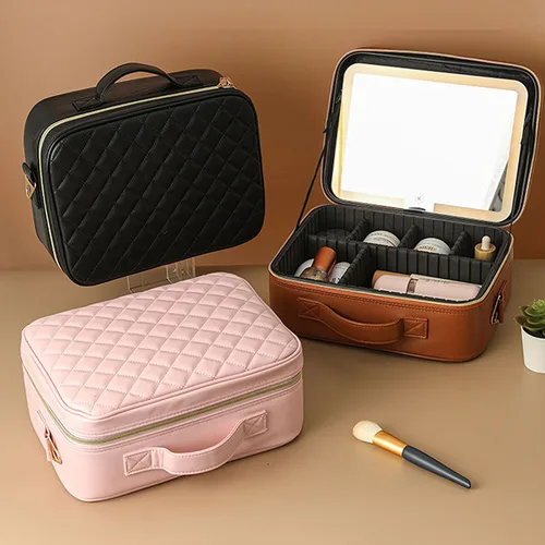 Imagen 2 del producto Bolsa de maquillaje de viaje de gran tamaño con espejo, estuche de maquillaje para manicura de belleza cónica, espejo de maquillaje con luz LED de 3 modos de color claro