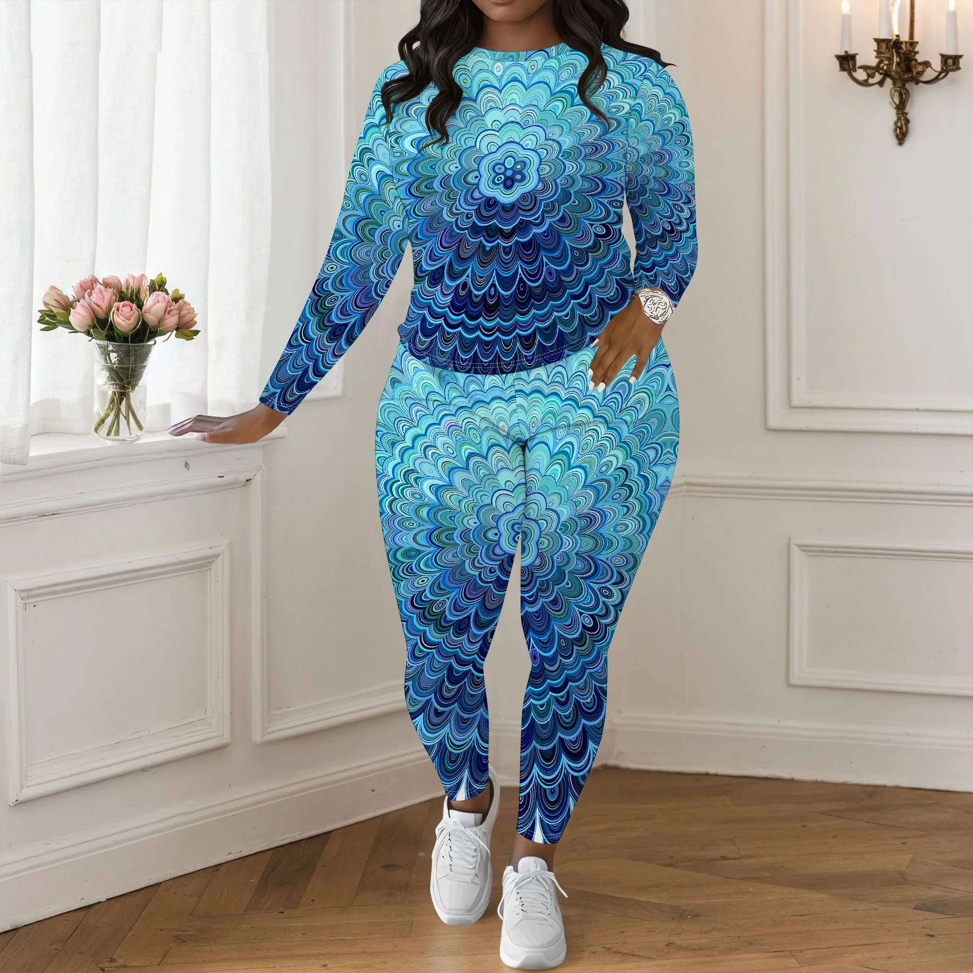 

Women's Long Sleeved Two-Piece Set, 3D Fashionable Printed Pattern Long Sleeved Two-Piece Set, Casual And Relaxed Style.