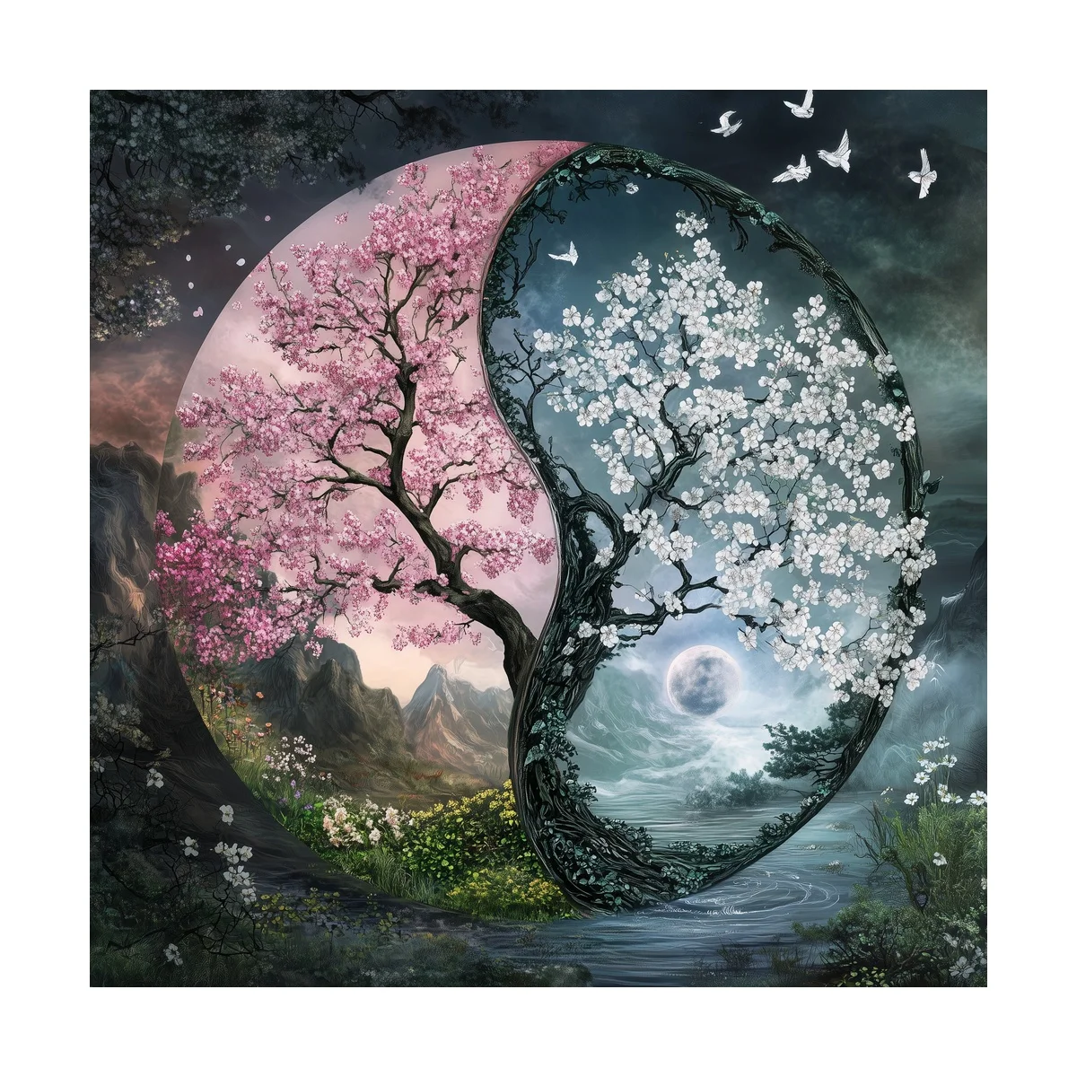 1 Stück 40x40 cm/15,74 Zoll, 11Ct/14Ct Kreuzstich-Set, DIY Valentinstagsgeschenk, Stickerei-Set für Festlichkeiten, Yin-Yang-Kirschbaum-Motiv – Detail 4