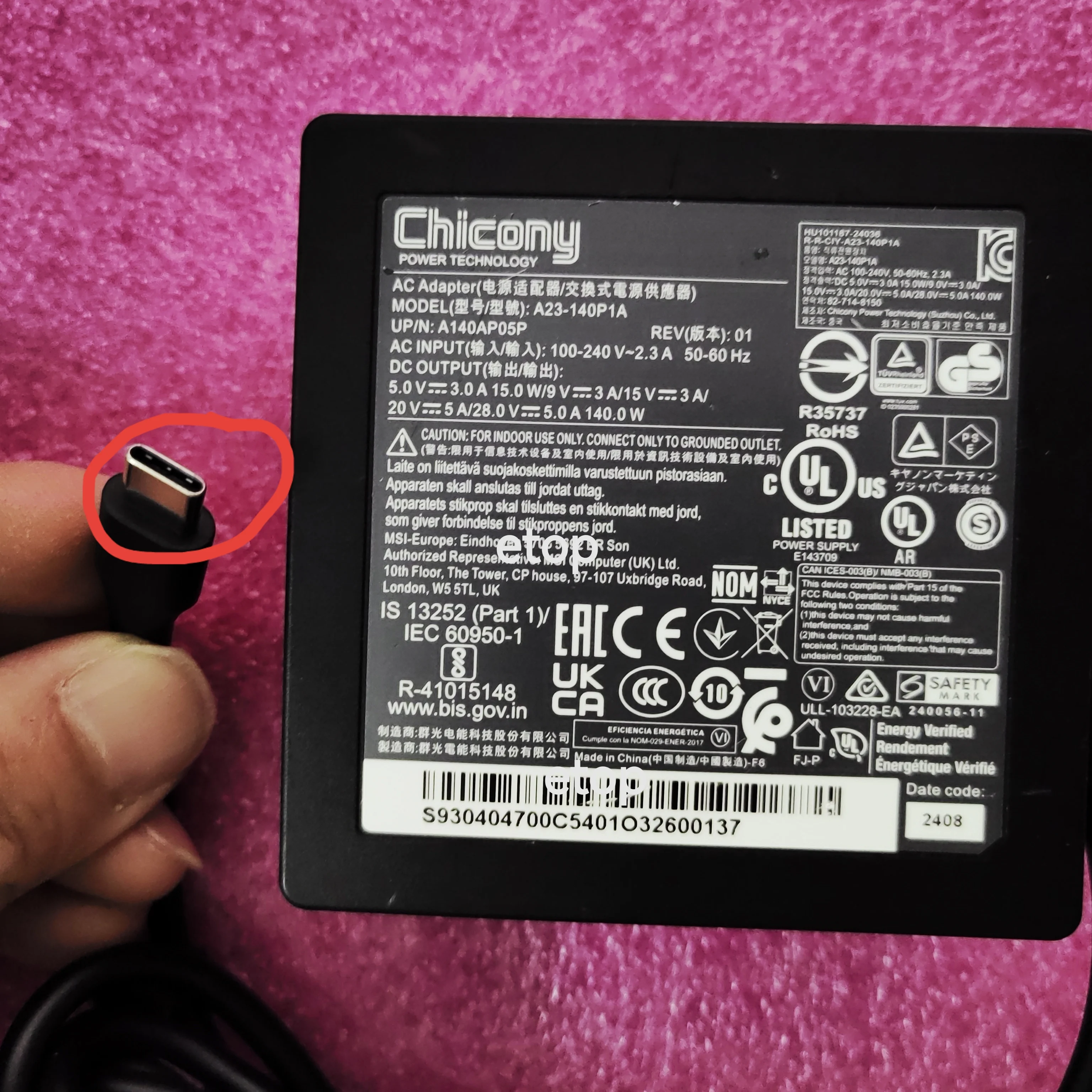 OEM Chicony 28V 5A 140W A23-140P1A USB-C AC Adapter KC HU101187-24036 For MSI Raider A18 HX A9WJG RTX5090 Gaming Laptop