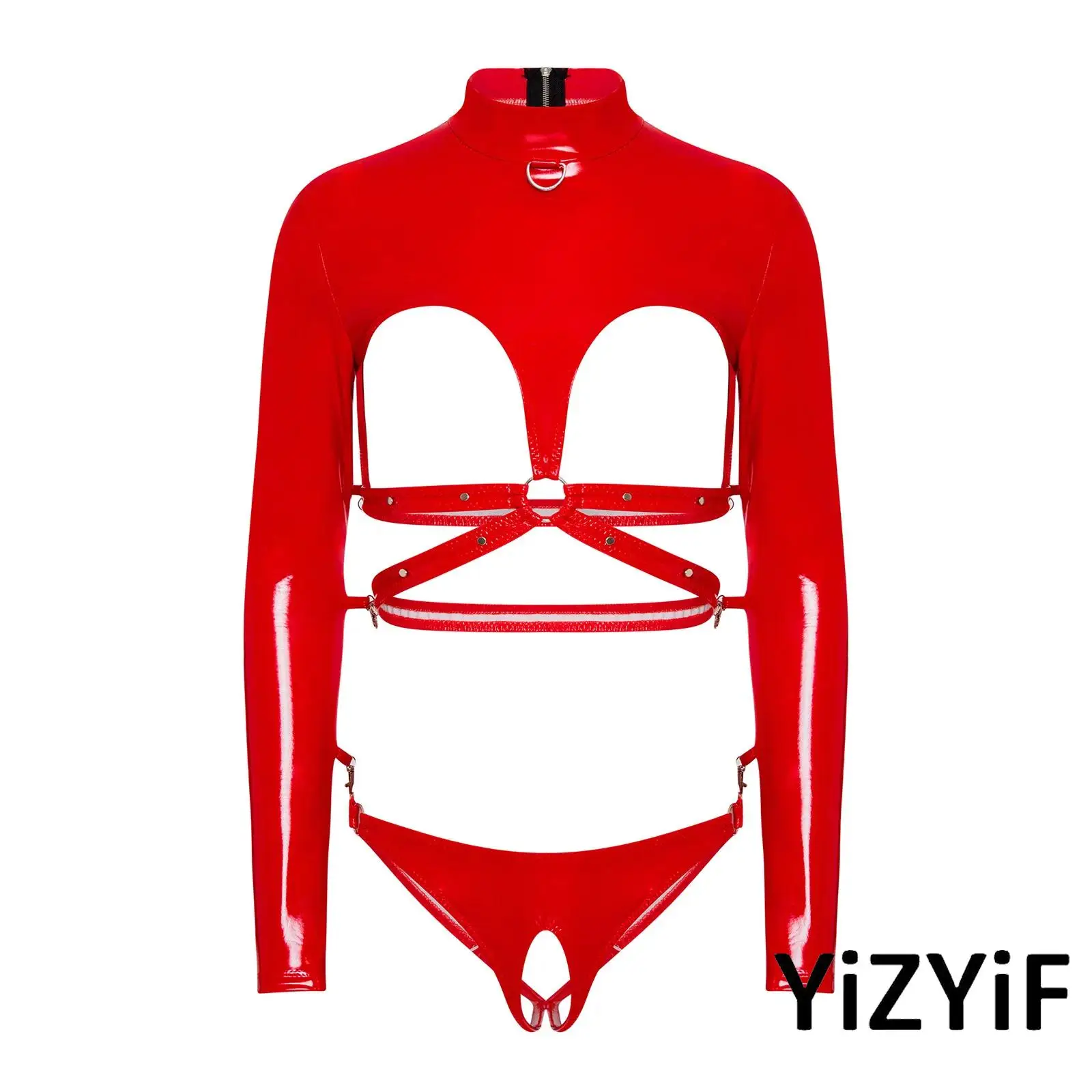 

Womens Glossy PU Bodysuit Lingerie O-ring Clasps Linked Long Sleeve Hollow Out Cup Open Crotch Leotard Tempting Nightwear
