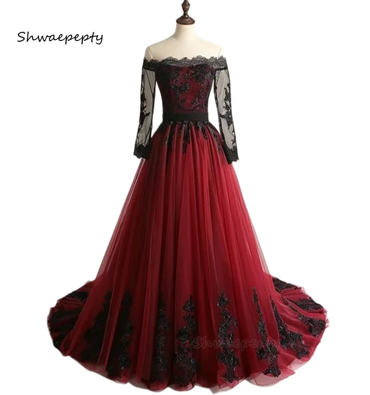 Czarna i bordowa suknia ślubna z koronkowymi aplikacjami, długie rękawy, dekolt w łódkę, vintage gotycka suknia ślubna szyta na miarę.