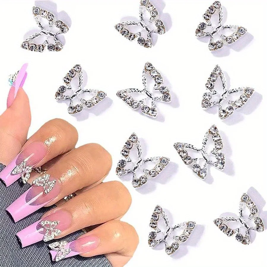 5/10/20Pcs 3D Exquisite Hollow Butterfly Rhinestones Nail Charms Luxury Gold/Silver Diamond Wings Jewelry Decoration Accessories