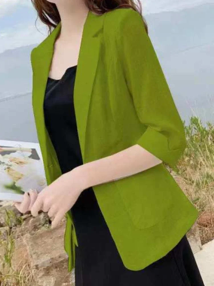 Female Clothing Jacket Solid Color Suit Elegant Causal Style Youth Clothes Linen Overcoat Fashion Commuter Dressing All Season