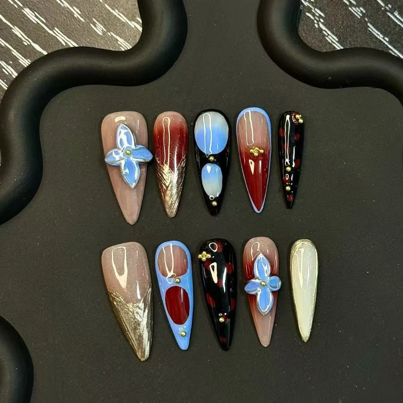 

10 шт., цветные ногти ручной работы, чистая рука, 3D резной цветочный пресс для ногтей, новые художественные накладные ногти в европейском и американском стиле