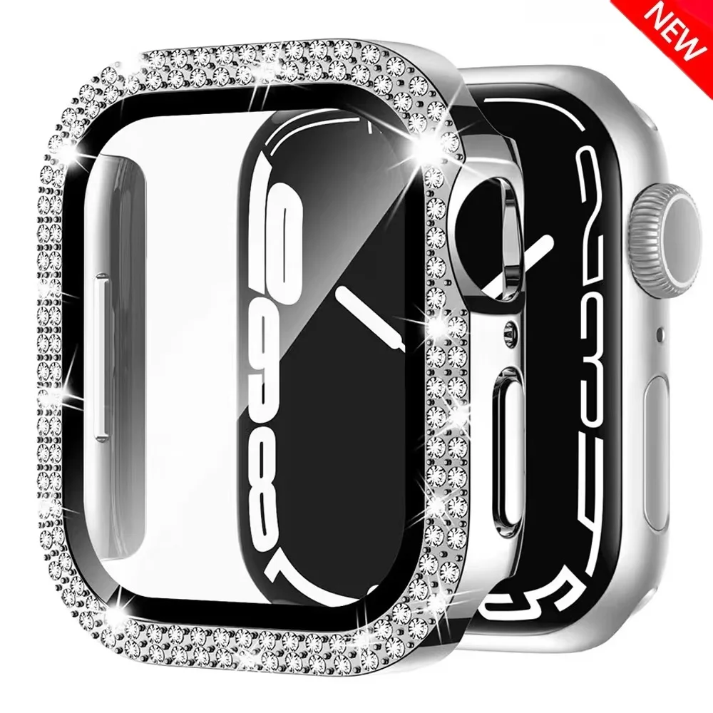 Diamond Cover For Apple watch Case 45mm 41mm 44mm 40mm 42mm 38mm Tempered Glass Bumper Screen Protector iWatch Series 9 8 7 SE 6