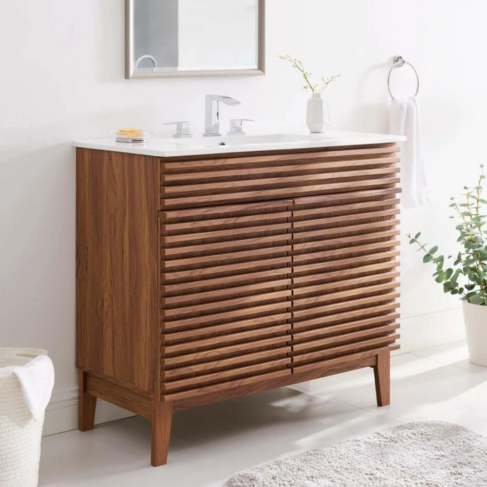 Morden Bathroom Ceramic Vanity with Sink-Floor, Walnut White , Bathroom Vanity Cabinet with Two Soft-close Doors