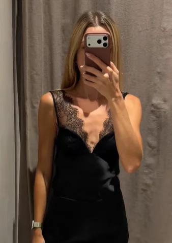 المرأة مثير الأسود الدانتيل المرقعة الساتان سترة أنيقة بلا أكمام انظر من خلال الخامس الرقبة سترات فضفاضة 2025 سيدة عطلة حفلة ملابس أنيقة