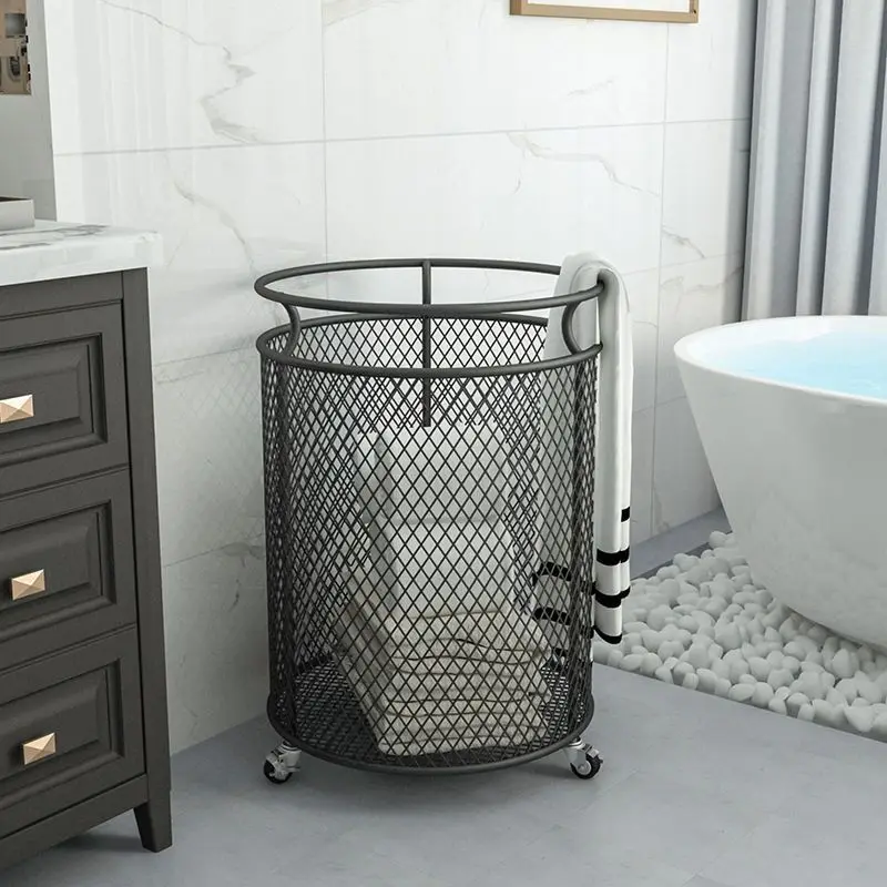 

Metal Iron Art Storage Basket Large Capacity with Wheels Laundry Dirty Clothes Toys Goods Organizer Rack Garden Hotel Tools