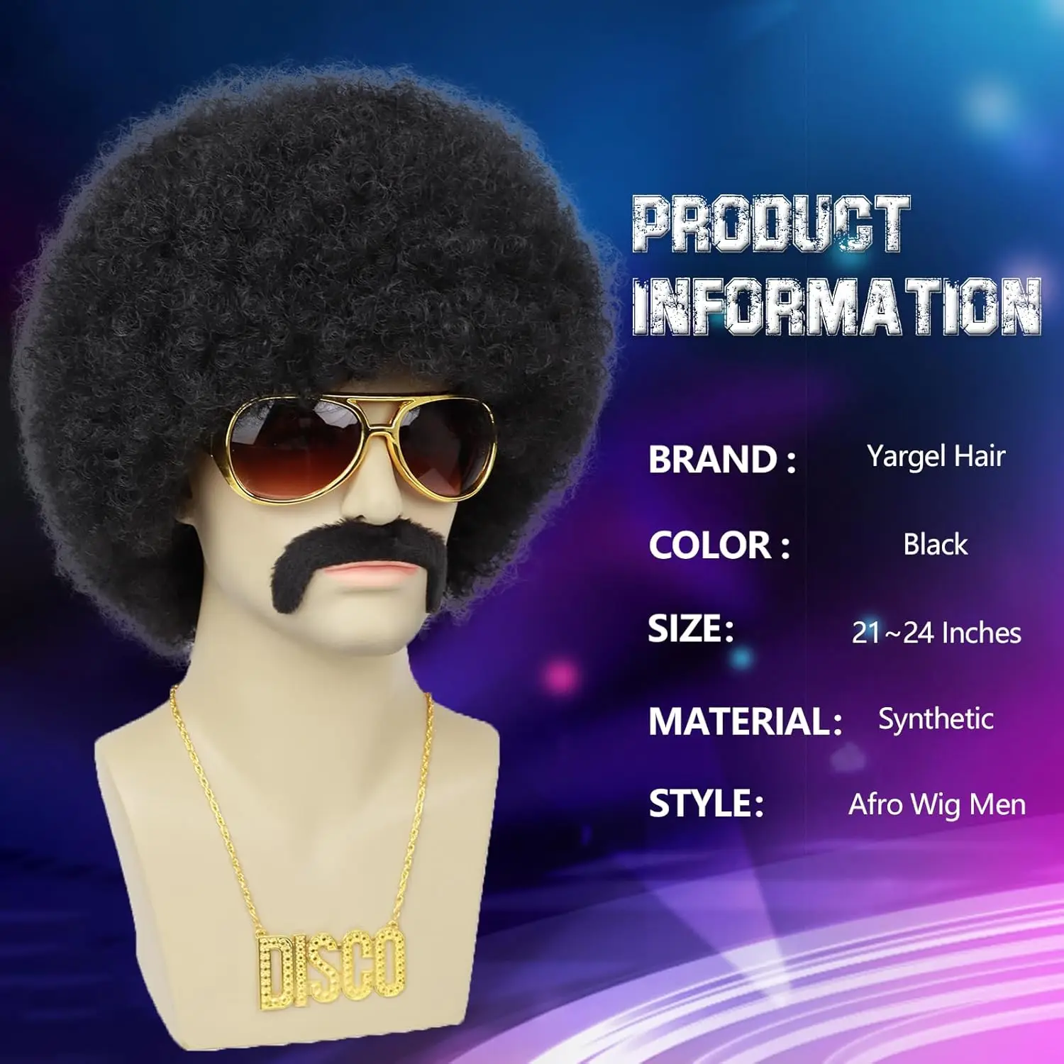 Synthetic 70s Mens Afro Wig for Rocker Disco Party 5pcs Set Afro Puff Wig for 70s 80s Halloween Costume Cosplay Party Use