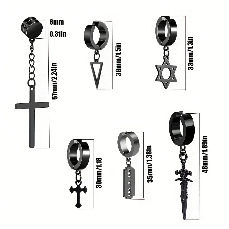 2pcs Fashionable Stainless Steel No Ear Holes Cross Ear Clip Non-Piercing Tassel Star Blade Earrings Jewelry for Men Women