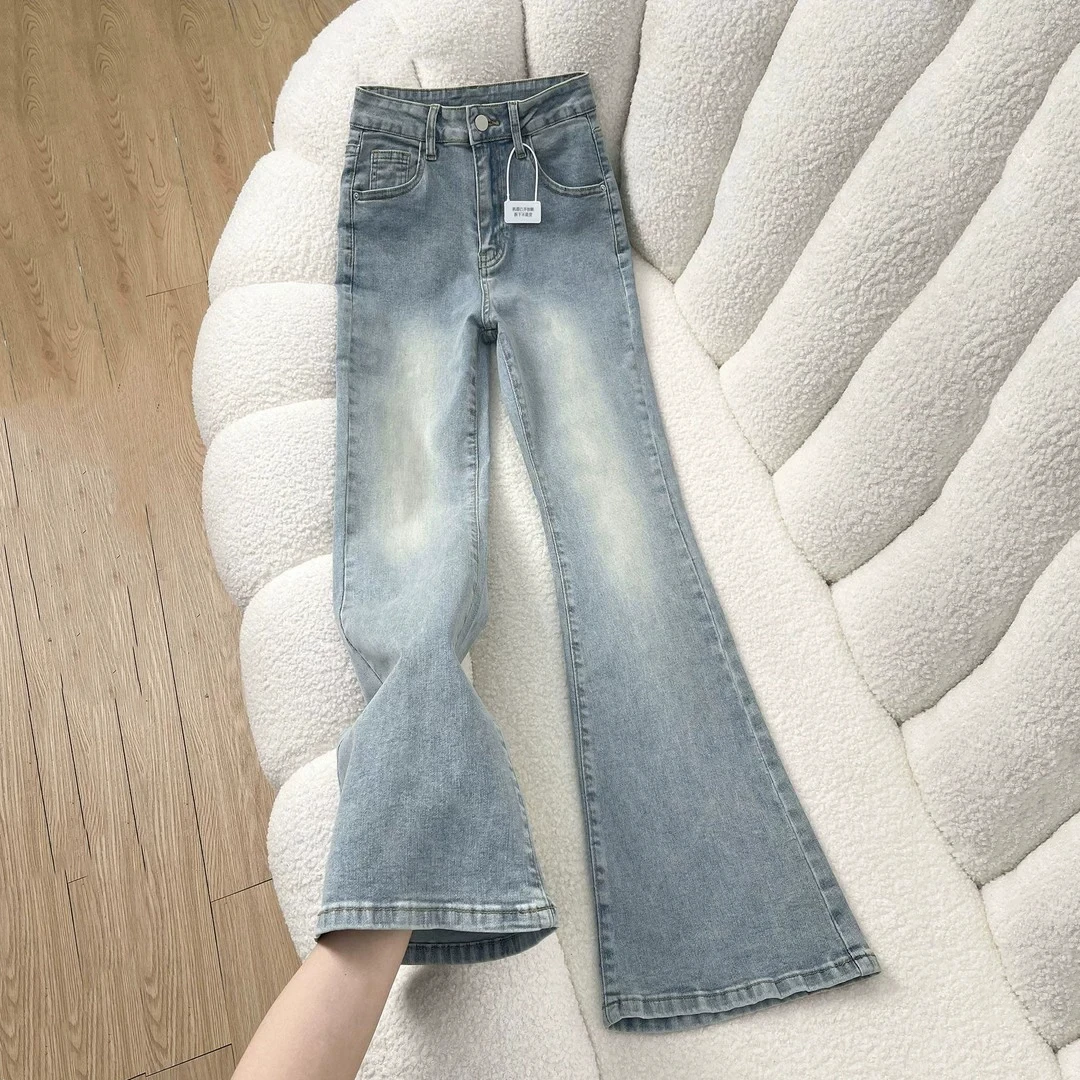 High Waist Bell Bottom Denim Jeans Women's Fall Winter New Style Fleece Warm Bootcut Jeans Korean Washed Blue Micro Flared
