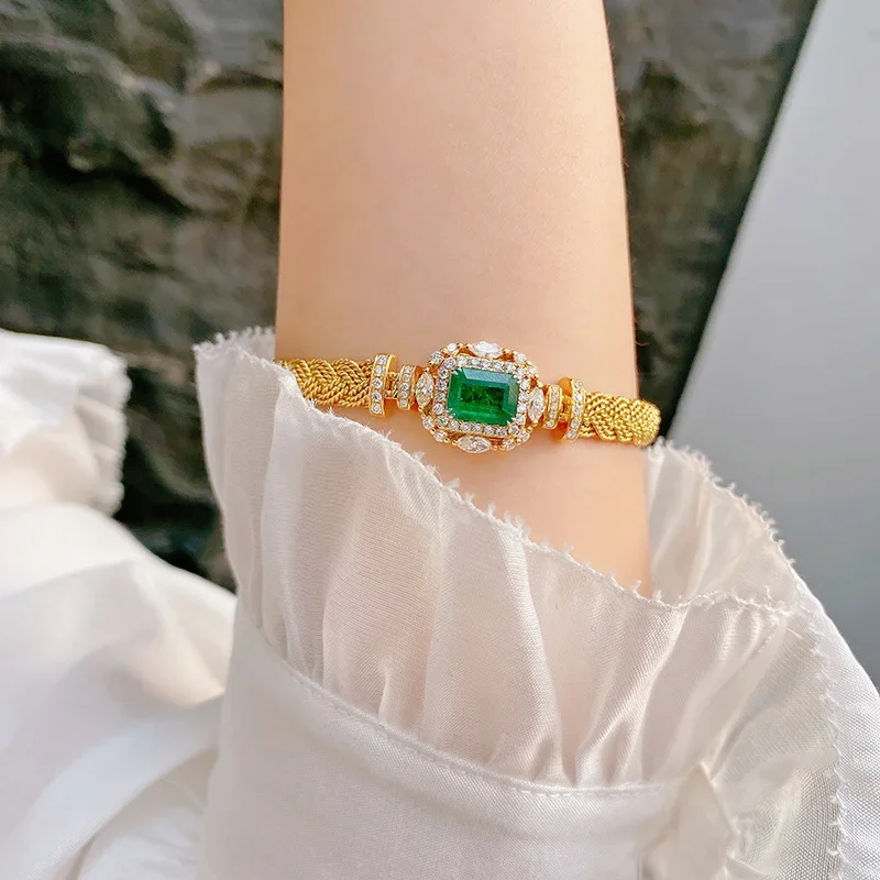 S925 Sterling Silber Armband Vintage Handgewebtes Smaragd Luxus Voll-Diamant Offenes Verstellbares Armband für Modebewusste Frauen – Detail 8