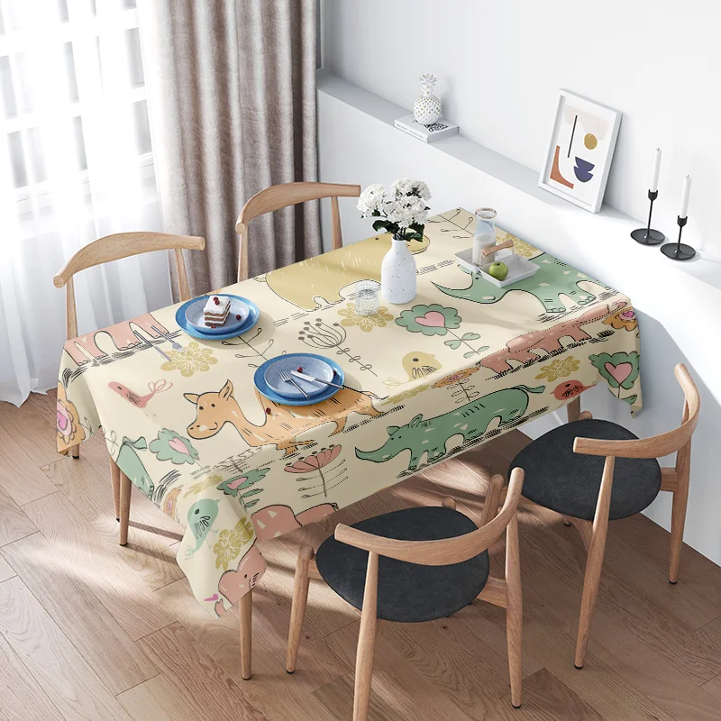

Animal Print Tablecloth for Home Dining Cute Cartoon Design Decorative Placemat Cover Fabric Yellow Green Colorful Pattern Recta