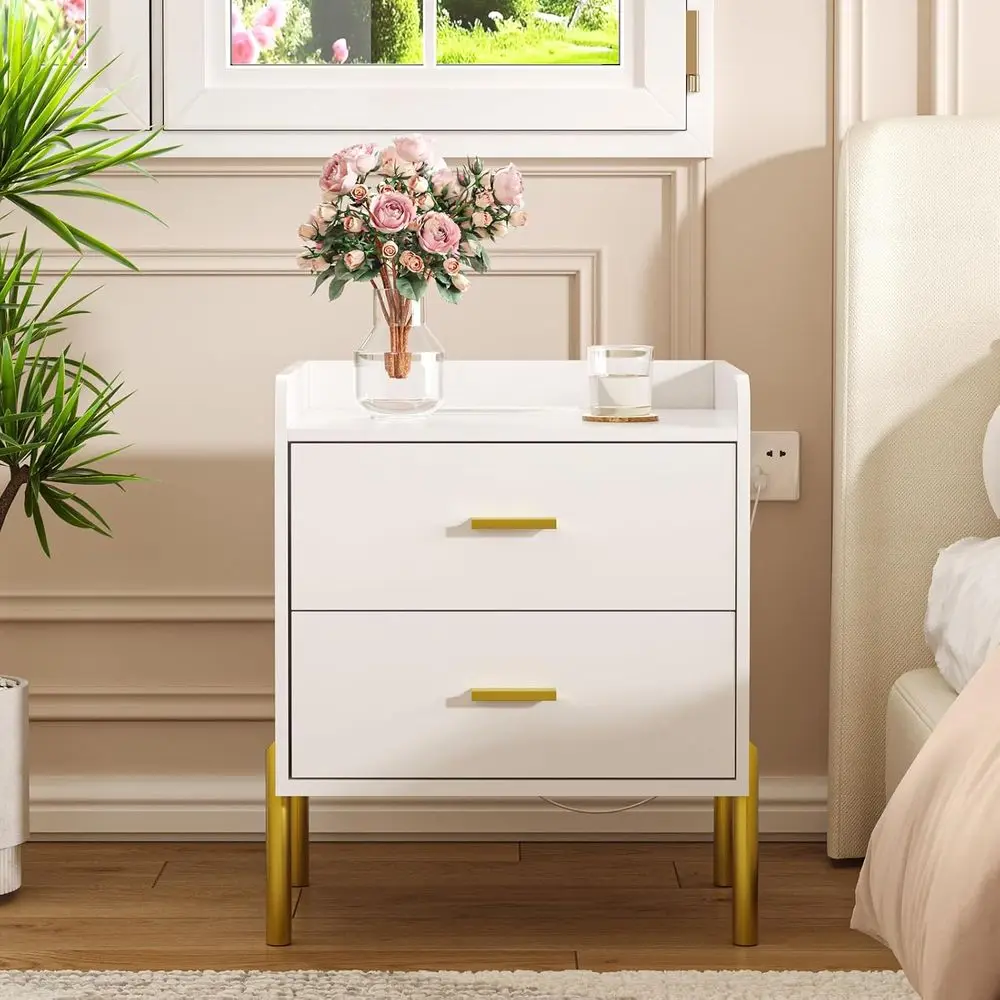 

Modern White Nightstand with Integrated Charging Station, Sleek Bedroom Furniture, Stylish End Tables, Lamps, and Books
