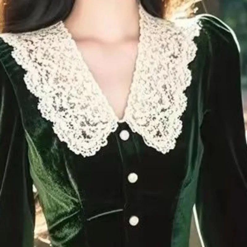 OCEANLOVE Birthday Party Dresses Women Velvet Autumn Winter Green Vintage Vestidos Mujer French Style Elegant Long Dress