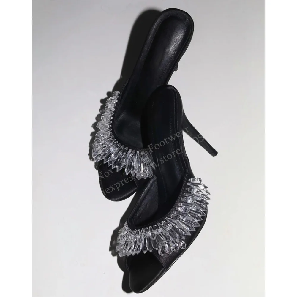 

Black Satin Drip Chandelier Open Toe Mules Women Sexy Stiletto Heel Beaded Embellishments Elegant Banquet Wedding Slippers