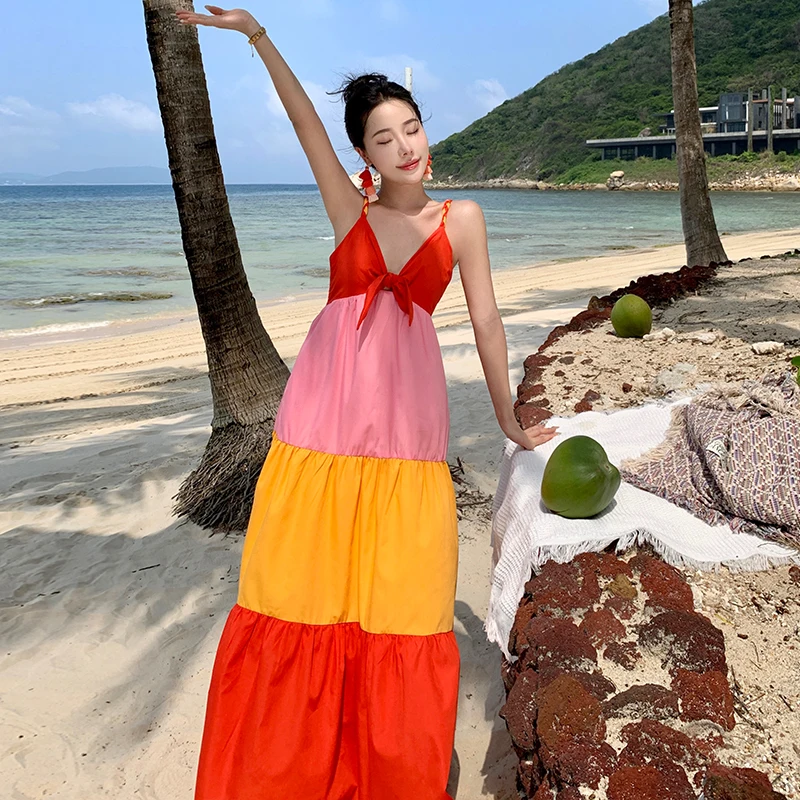 Foridol Multicolor Patchwork V Neck Sundress Smocked Strap Sleeveless A-line Female Midi Casual Summer Women Vestidos 2024