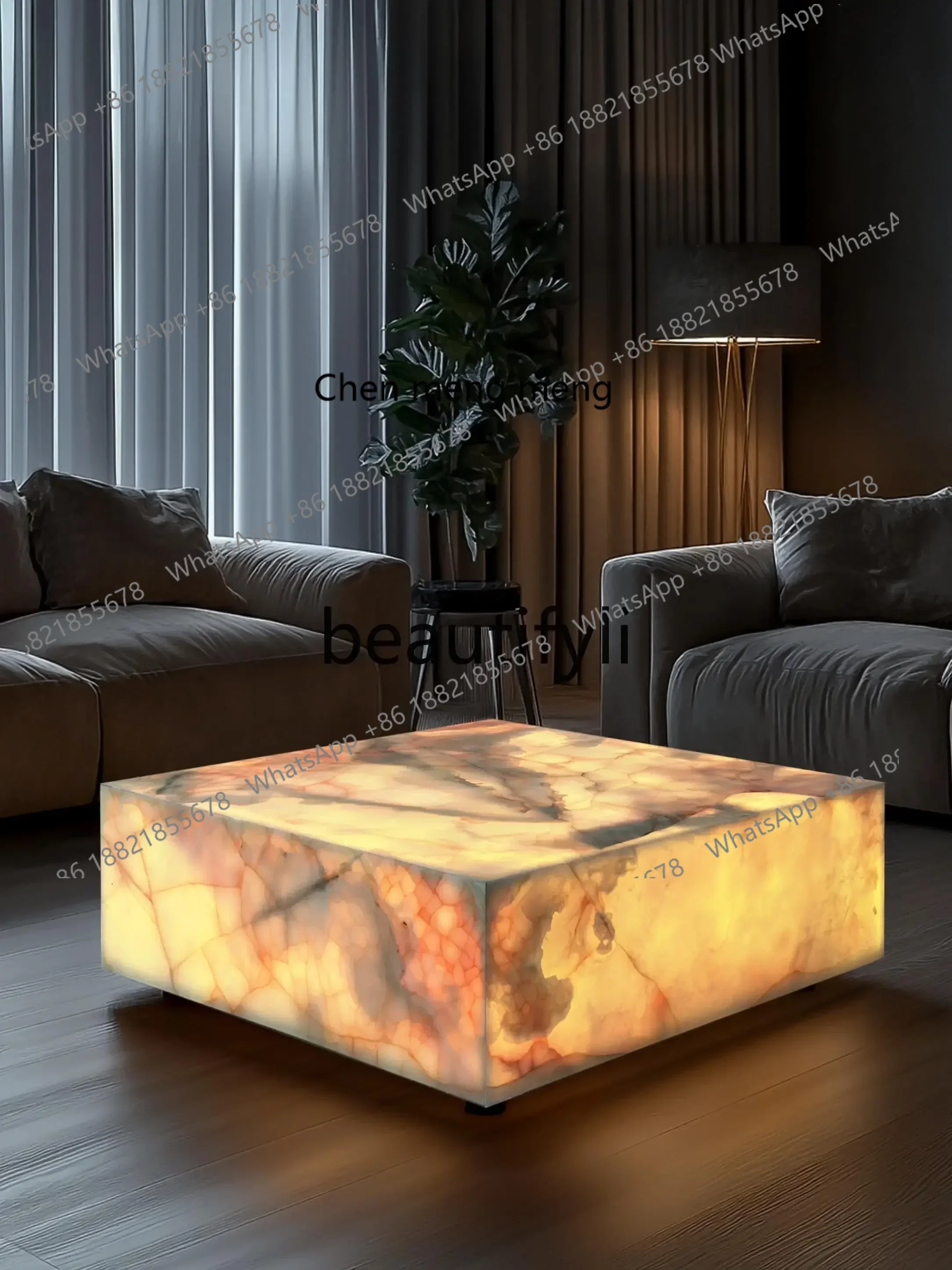 

M178 A Natural jade coffee table square crystal light luxury mansion blue and white jade living room marble luminous coffee tabl