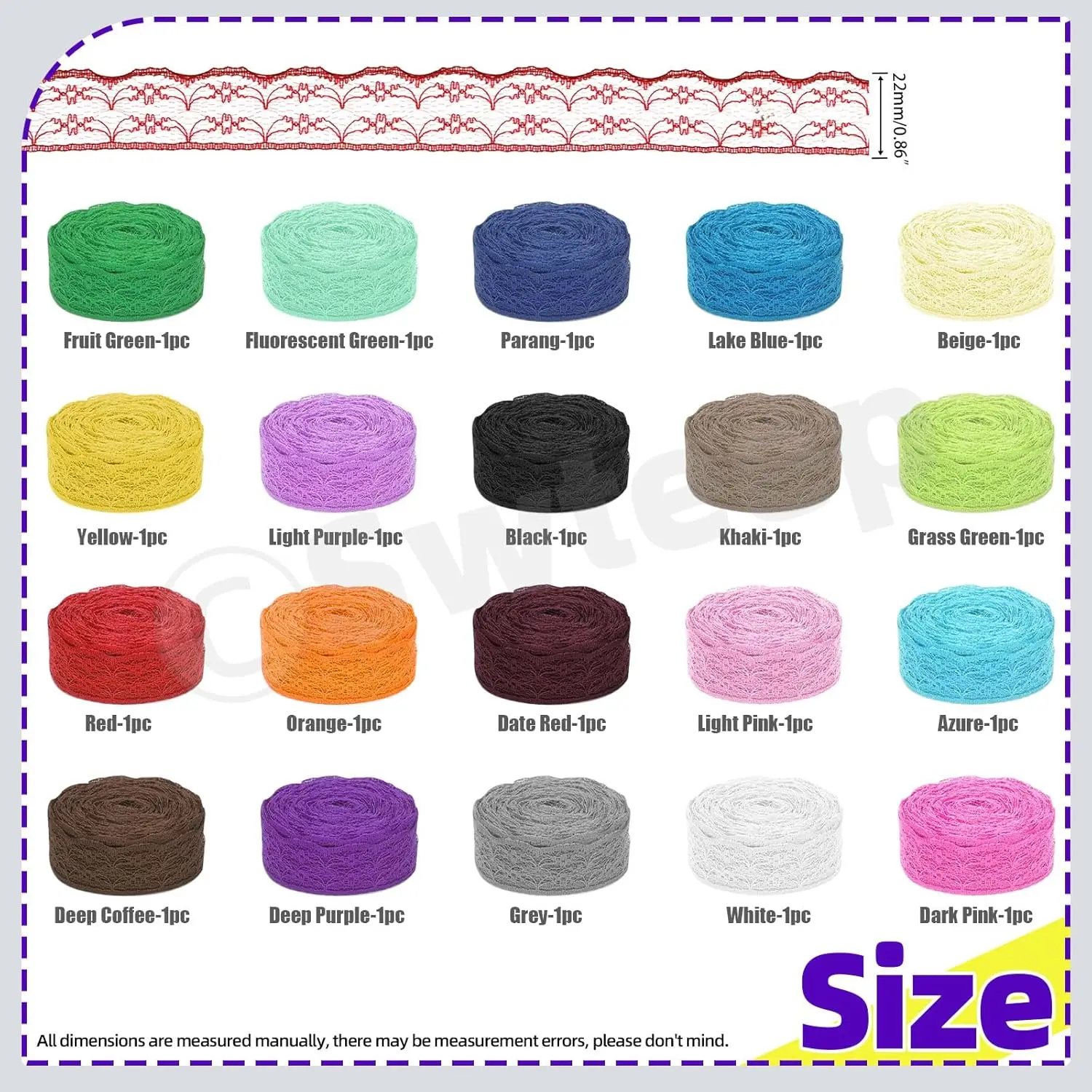 20 Rolls of 2.2cm x 10 Yards Colorful Lace Ribbon, Unilateral Floral Pattern, Polyester, Wedding, Occasion, Colors, Lace Trim fo