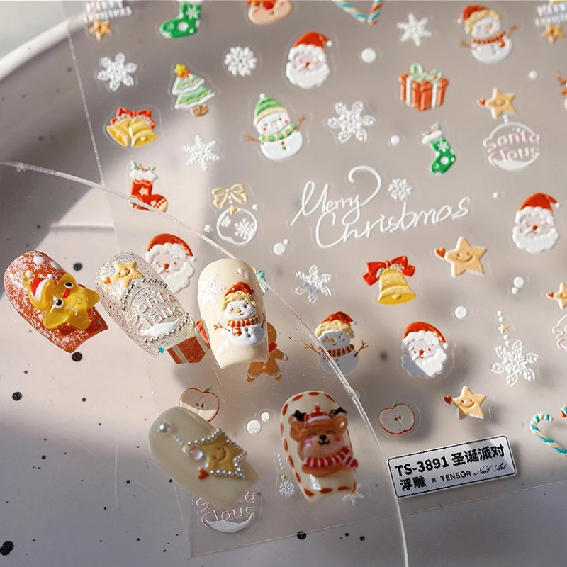 Mooie cartoon kerst kerstman elanden peperkoek man sneeuwpop 3D zelfklevende nail art stickers xmas leuke manicure stickers