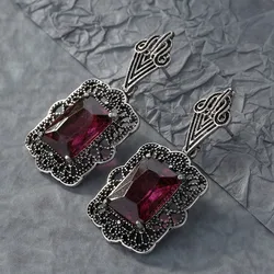 Jianjie Vintage Square Inlaid Red Zircon Charming Women's Earrings Hollow Carving Silver Elegant New Jewelry Accessories Trend