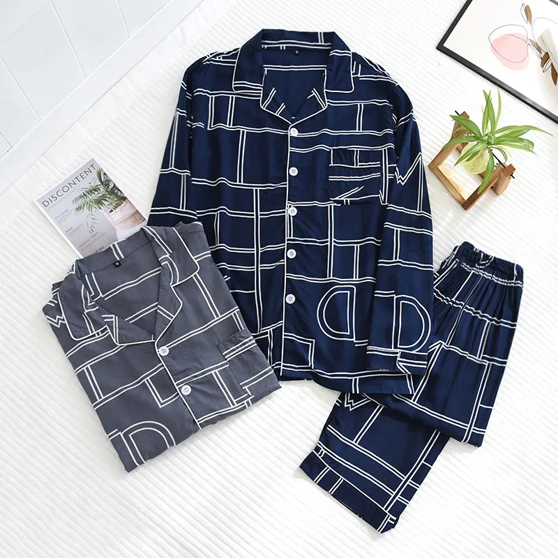 Spring and summer new men\'s pajamas long-sleeved trousers two-piece set 100% viscose thin homewear set cardigan large size sleep