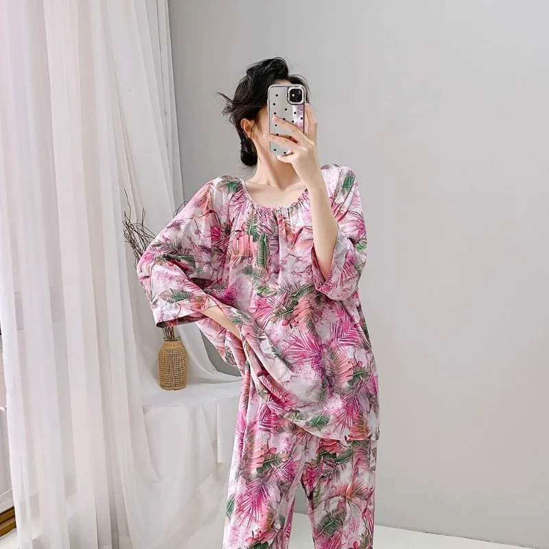New Spring and Summer Cotton Silk Pajamas Women Round Neck Thin Summer Cool Moon Dress Silk Suit Big Size Beautiful Sleepwear