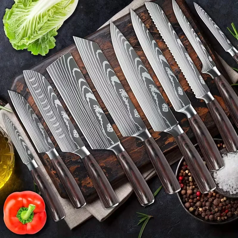 

8/10pcs Gift Japanese Kitchen Knives Set Laser Damascus Pattern Chef Knife High Carbon Stainless Steel Sharp Fruit Slicing Knife