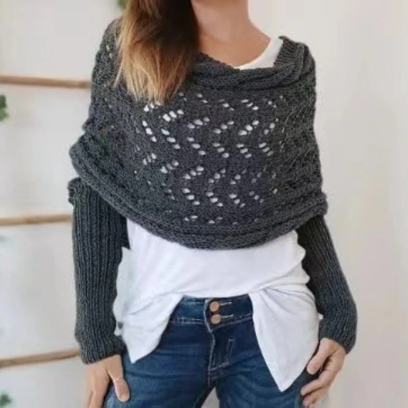 Women Autumn Winter Knit Scarf Solid Color Versatile Cable Knit Hollow Out Extra Long Shawl Sleeves Warm Wrap Poncho Neck Warmer