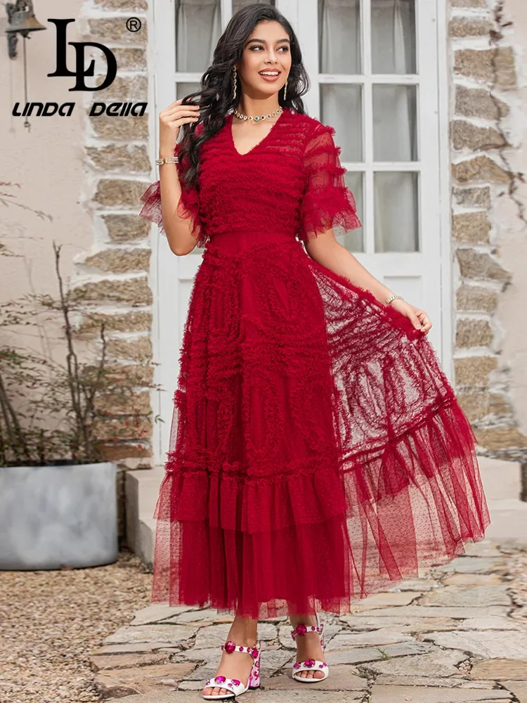 LD LINDA DELLA Summer Runway Fashion Red Mesh Dress Women Short sleeve Dot Splicing Vintage Party Long Dress Vestidos