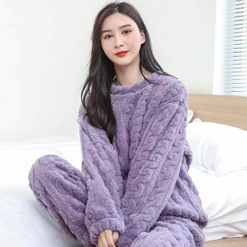 Winter Women Loungewear Fleece Thickened Pajama Set with Top Pants Girls Students Jacquard Long-Sleeve Long Pants Homewear Lady