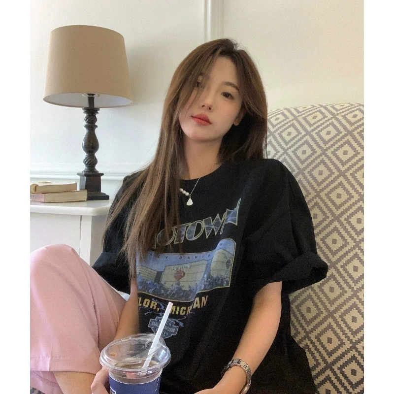 

Summer New American Retro Loose Casual Lazy Sle round Ne f Sve T-irt Top Street Sle Printed Cotton ort Sve