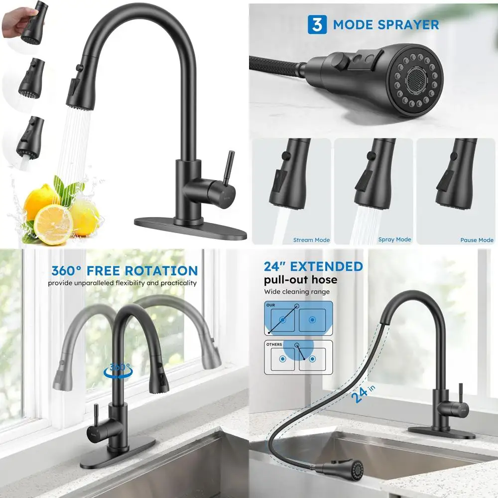 

Modern Single Handle Pull-Down Spray Kitchen Faucet in Stainless Steel for 1 or 3 Hole Installations, Suitable for Farmhouse, Ca