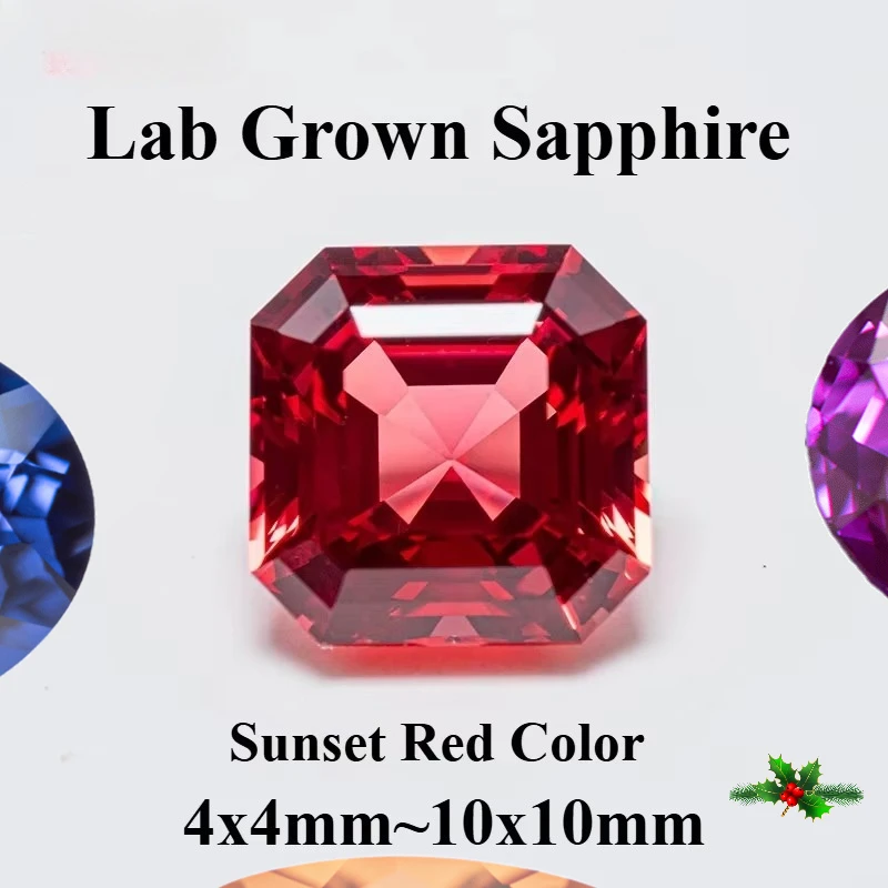 Asscher Cut Lab Grown Sapphire Sunset Red Color for Jewelry Making Excellent Loose Gemstone Selectable  Certificate