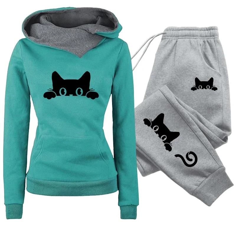 Autumn Winter Female Daily Casual Sports Outfit Women's Set/Hoodie/Pants 2026 Cat Print Tracksuit Hooded Sweatshirt Sweatpants