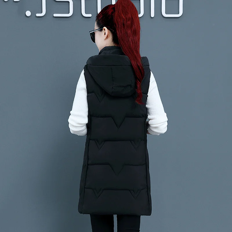 Waistcoat Vest Women Autumn Winter Long Korean Thick Waistcoat Vest Coat 2025 New Hooded Down Cotton-Padded Vest Female Overcoat