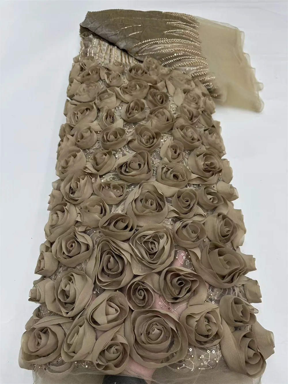 

African 3D Flowers Fabric 5 Yards 2025 High Quality Gold Bead Sequins Embroidered French Nigerian Lace Fabric For Wedding Hm97-1