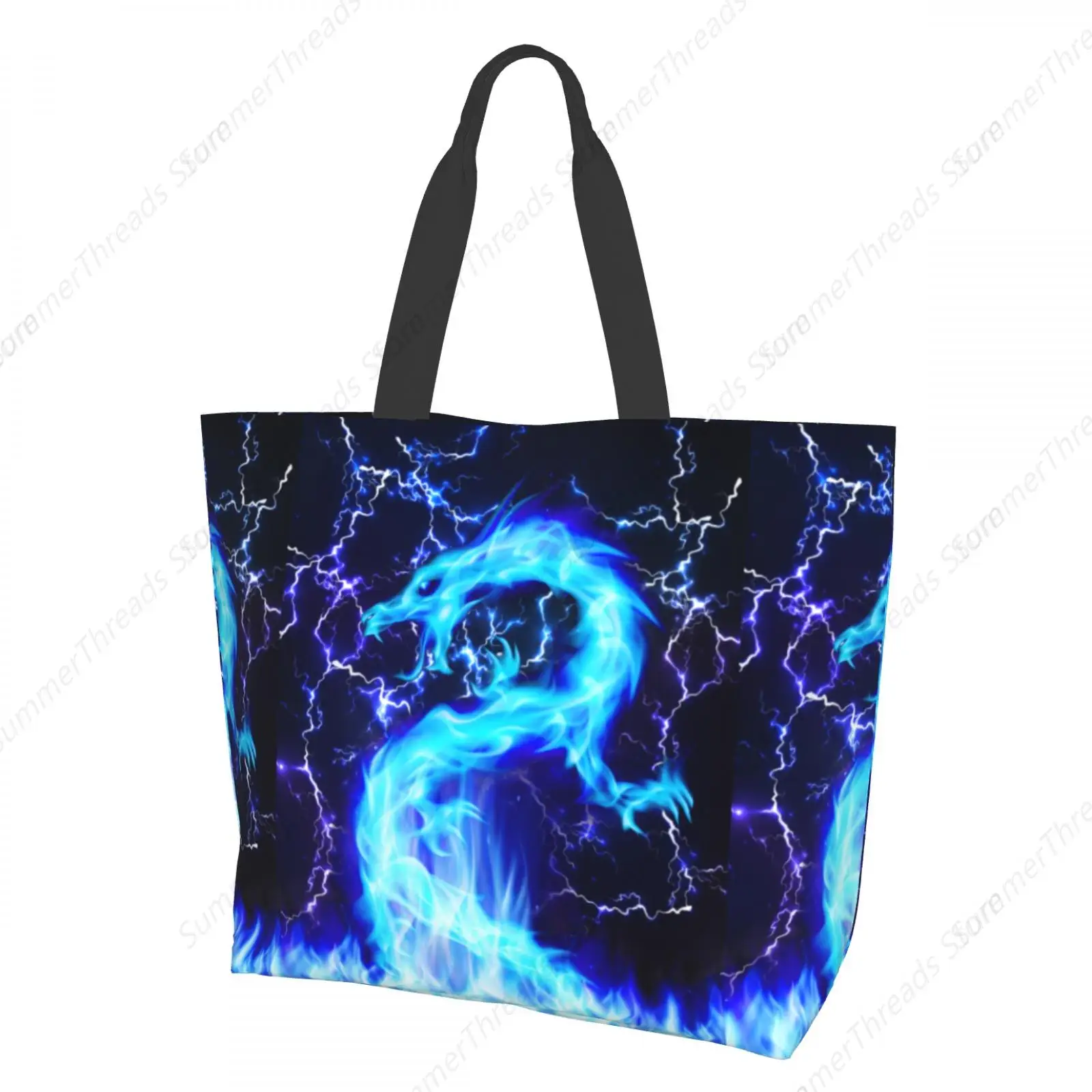 

Lightning Blue Dragon Tote Bag for Women Large Print Bags Portable Beach Bag Reusable Grocery Bags Waterproof