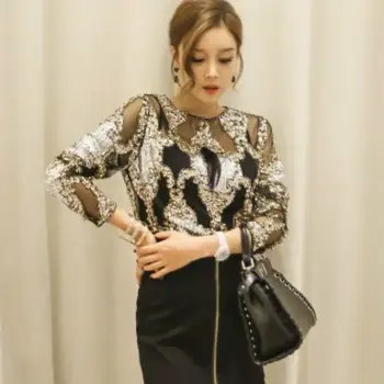 Luxusní dámské křišťálové flitry výšivka halenka krajka geometrické těžké korálky košile sexy blusy camisa kluby duté topy 2019 10 nejlepší prodej halenka s flitry - №8