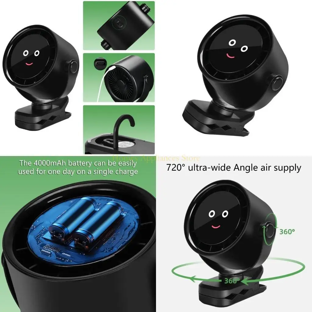 D0AB Strollers Fan Portable 4000mAh Fan for Travel 5 Speed Rechargeable 360 Degree Rotate Flexible Tripod Clip On Fan