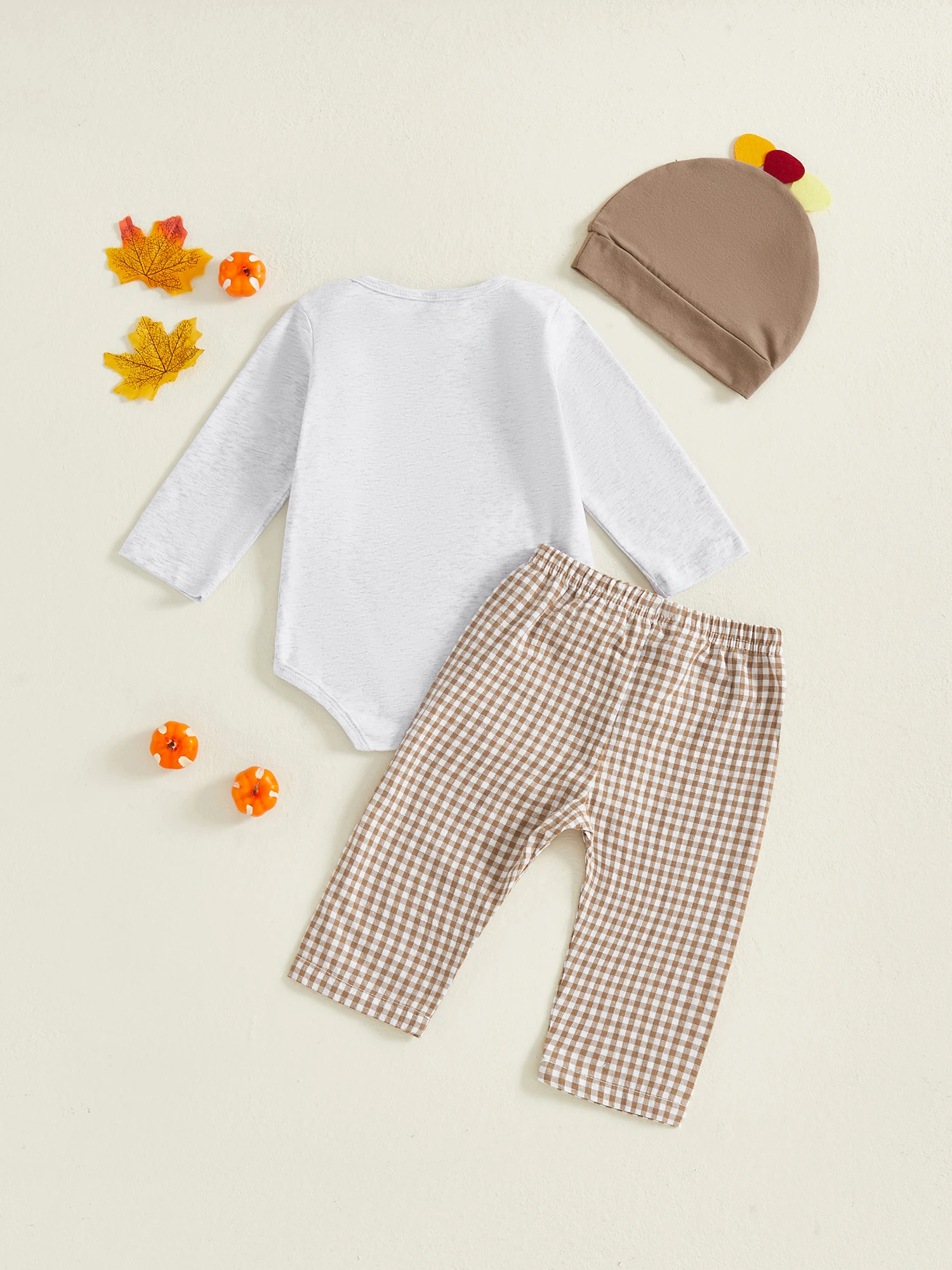 

Infant Boys 3-Piece Thanksgiving Ensemble Featuring Long-Sleeve Bodysuit Plaid Trousers and Matching Hat - Newborn Apparel