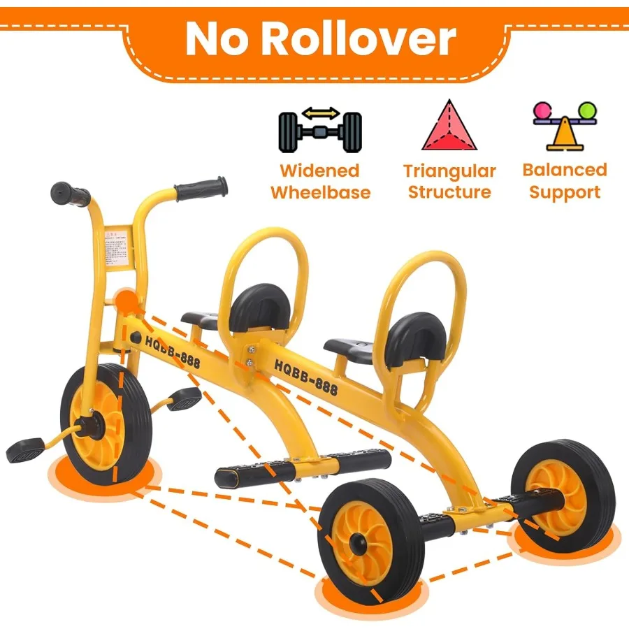 รถสามล้อสำหรับเด็กอายุ 3-8 ปี รถสามล้อคู่สำหรับเด็กก่อนวัยเรียน ศูนย์ดูแลเด็ก ใช้กลางแจ้ง จักรยานแบบสองที่นั่งพร้อมยางกันรั่ว ไม่มีล้อลม และพื้นผิวกันลื่น